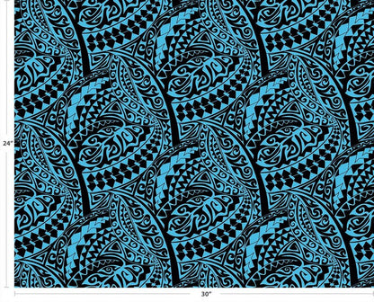 Polynesian Tribal Fabric – Aqua Blue and Black 100% Cotton, 44” Wide Island Print by the Yard
