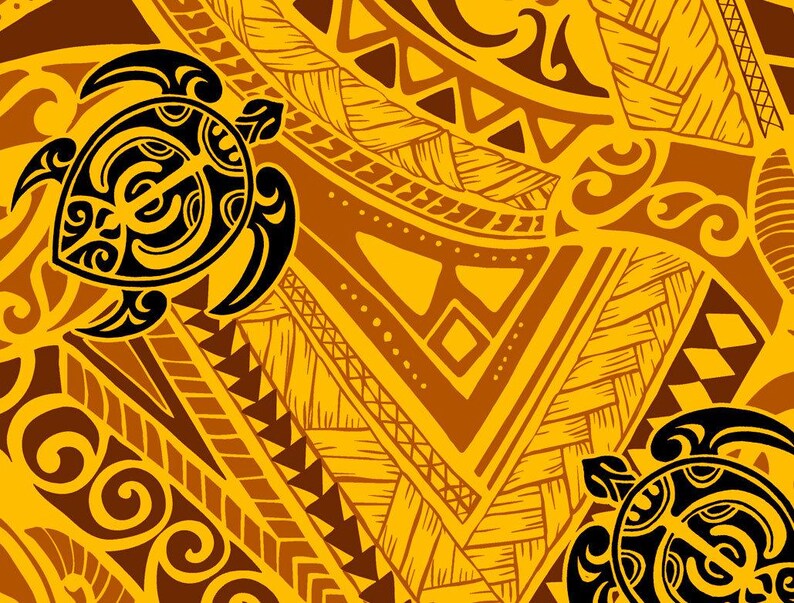 Polynesian Tribal Turtle Fabric – Yellow Poly Cotton Blend Fabric, 44” Wide Island Print by the Yard