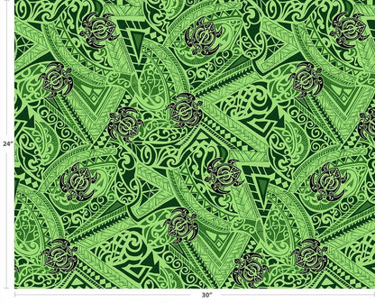Polynesian Tribal Turtle Fabric – Green Poly Cotton Blend Fabric, 44” Wide Island Print by the Yard