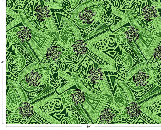 Polynesian Tribal Turtle Fabric – Green Poly Cotton Blend Fabric, 44” Wide Island Print by the Yard