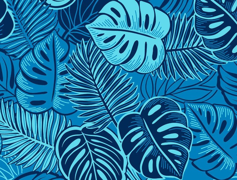 Monstera Leaf Fabric – Blue Poly Cotton Blend Fabric, 44” Wide Tropical Island Print by the Yard