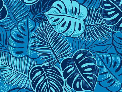 Monstera Leaf Fabric – Blue Poly Cotton Blend Fabric, 44” Wide Tropical Island Print by the Yard