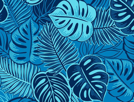 Monstera Leaf Fabric – Blue Poly Cotton Blend Fabric, 44” Wide Tropical Island Print by the Yard