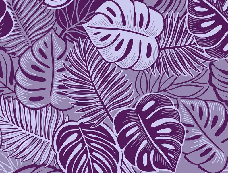 Monstera Leaf Fabric – Purple & Lavender Poly Cotton Blend Fabric, 44” Wide Tropical Island Print by the Yard