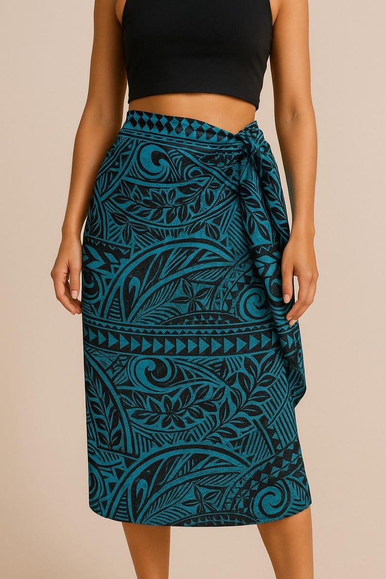 Polynesian Tribal Fabric – Teal Blue Poly Cotton Blend Fabric, 44” Wide Island Print by the Yard