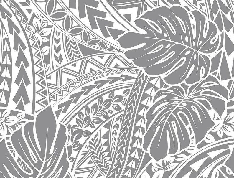Polynesian Tribal Monstera Fabric – White & Grey Poly Cotton Blend Fabric, 44” Wide Island Print by the Yard