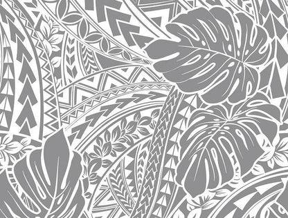 Polynesian Tribal Monstera Fabric – White & Grey Poly Cotton Blend Fabric, 44” Wide Island Print by the Yard