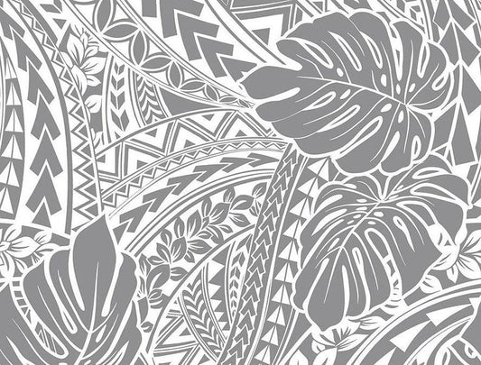 Polynesian Tribal Monstera Fabric – White & Grey Poly Cotton Blend Fabric, 44” Wide Island Print by the Yard