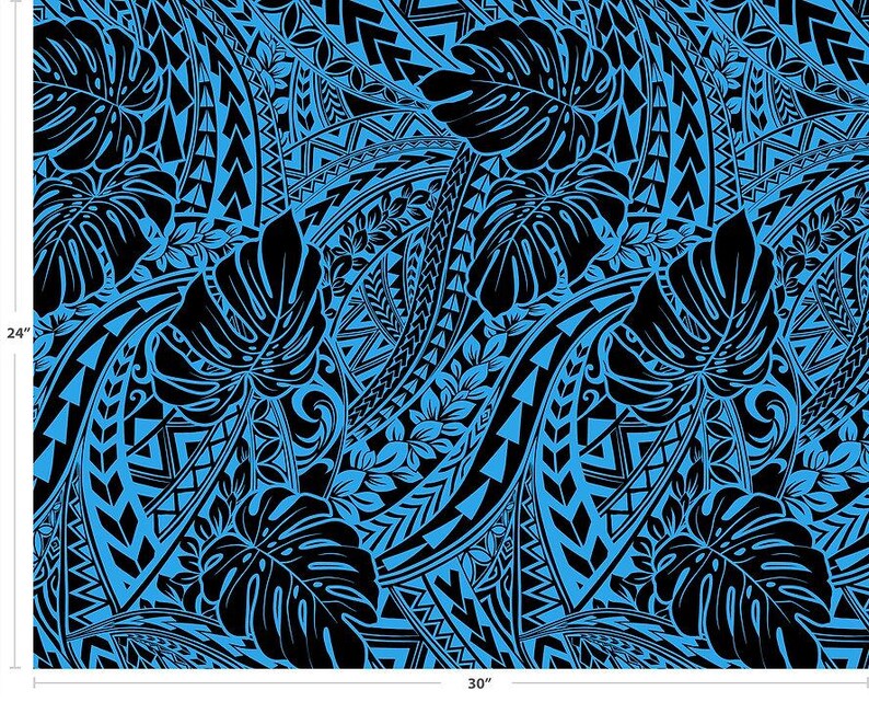 Polynesian Tribal Monstera Fabric – Turquoise & Black Poly Cotton Blend Fabric, 44” Wide Island Print by the Yard