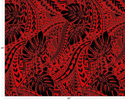 Polynesian Tribal Monstera Fabric – Red & Black Poly Cotton Blend Fabric, 44” Wide Island Print by the Yard