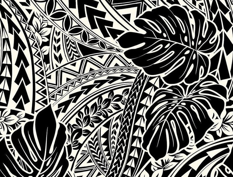 Polynesian Tribal Monstera Fabric – Black & Beige Poly Cotton Blend Fabric, 44” Wide Island Print by the Yard