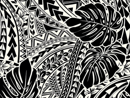 Polynesian Tribal Monstera Fabric – Black & Beige Poly Cotton Blend Fabric, 44” Wide Island Print by the Yard