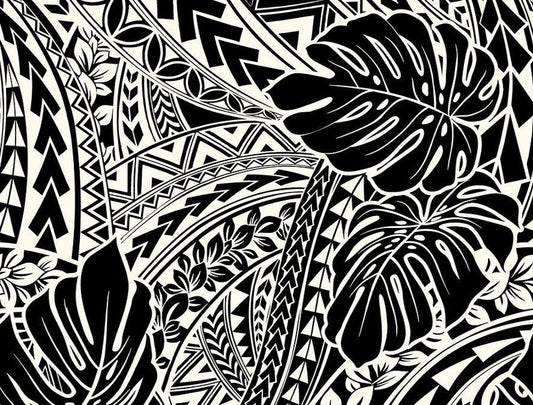 Polynesian Tribal Monstera Fabric – Black & Beige Poly Cotton Blend Fabric, 44” Wide Island Print by the Yard