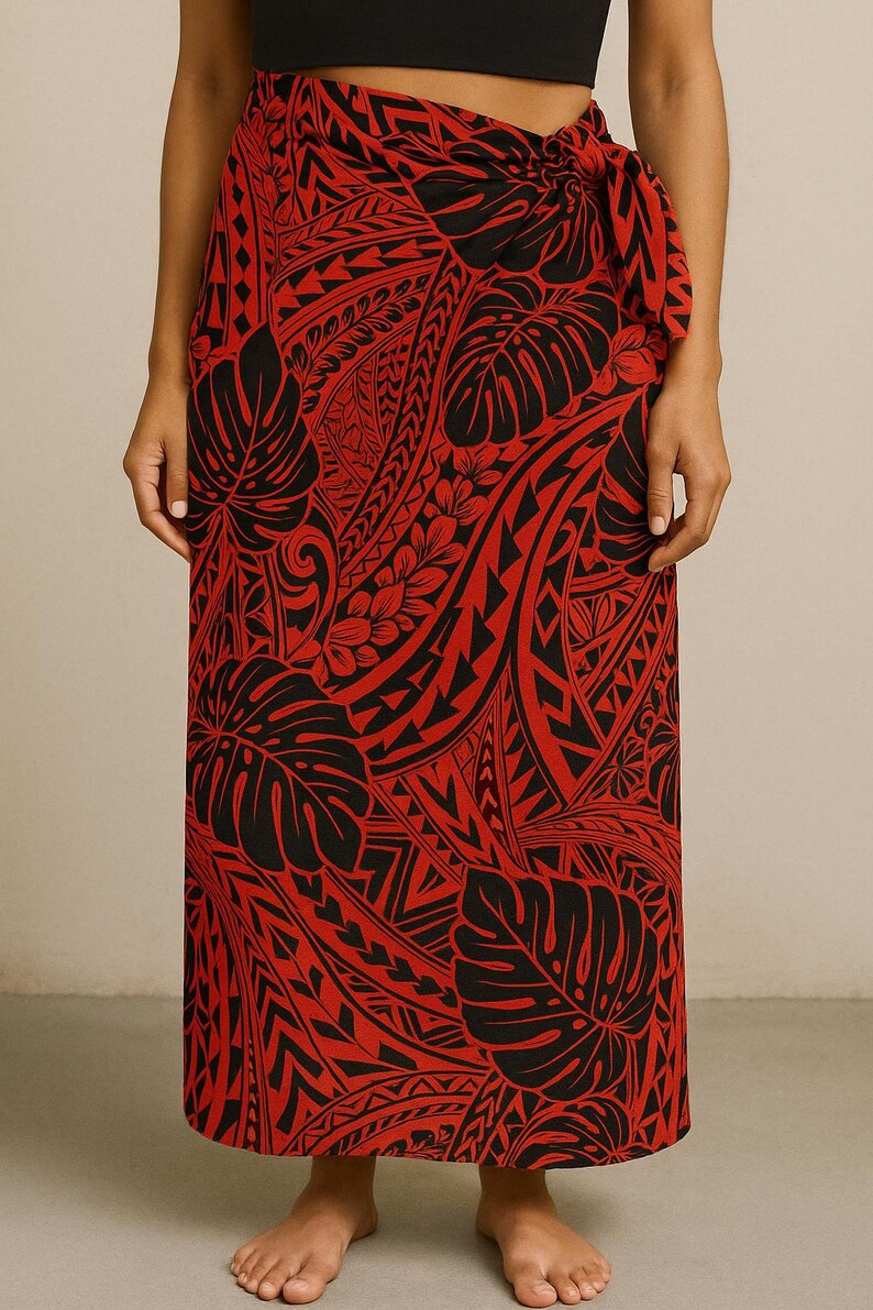 Polynesian Tribal Monstera Fabric – Red & Black Poly Cotton Blend Fabric, 44” Wide Island Print by the Yard