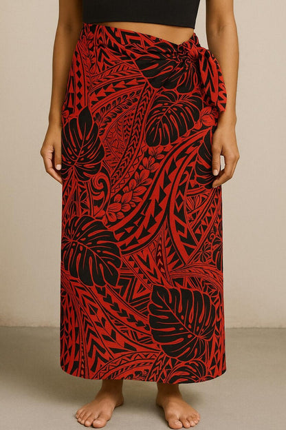 Polynesian Tribal Monstera Fabric – Red & Black Poly Cotton Blend Fabric, 44” Wide Island Print by the Yard