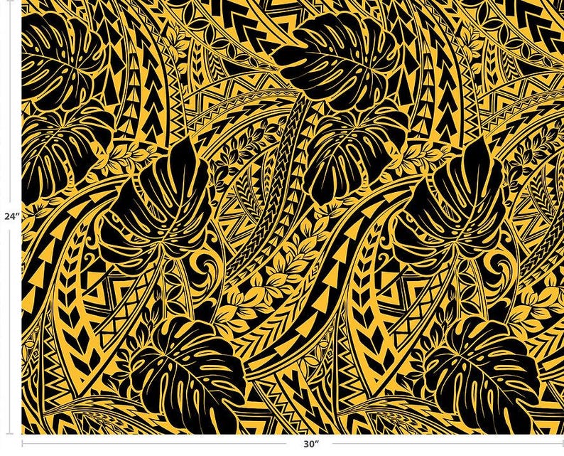 Polynesian Tribal Monstera Fabric – Yellow Gold Poly Cotton Blend Fabric, 44” Wide Island Print by the Yard