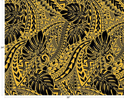 Polynesian Tribal Monstera Fabric – Yellow Gold Poly Cotton Blend Fabric, 44” Wide Island Print by the Yard