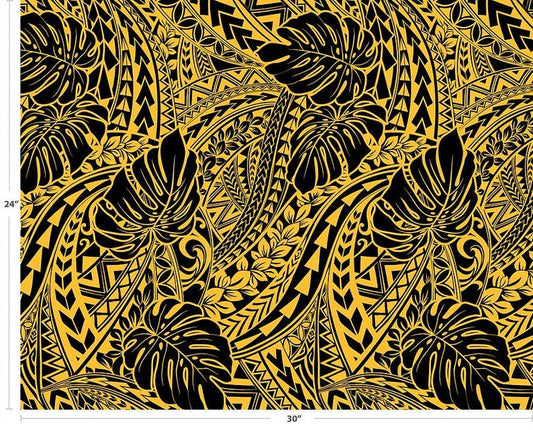 Polynesian Tribal Monstera Fabric – Yellow Gold Poly Cotton Blend Fabric, 44” Wide Island Print by the Yard