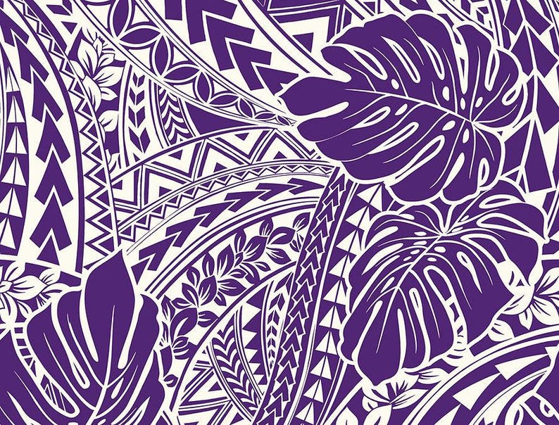 Polynesian Tribal Monstera Fabric – Purple & White Poly Cotton Blend Fabric, 44” Wide Island Print by the Yard