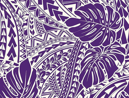 Polynesian Tribal Monstera Fabric – Purple & White Poly Cotton Blend Fabric, 44” Wide Island Print by the Yard