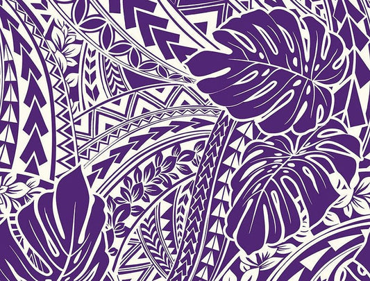 Polynesian Tribal Monstera Fabric – Purple & White Poly Cotton Blend Fabric, 44” Wide Island Print by the Yard