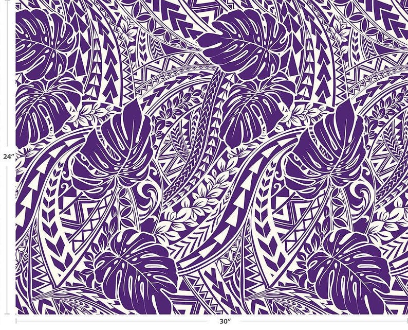 Polynesian Tribal Monstera Fabric – Purple & White Poly Cotton Blend Fabric, 44” Wide Island Print by the Yard