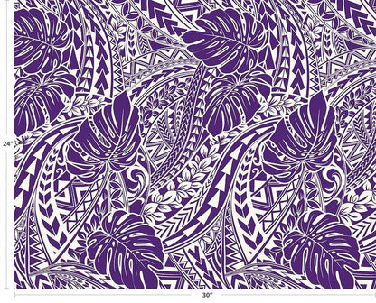 Polynesian Tribal Monstera Fabric – Purple & White Poly Cotton Blend Fabric, 44” Wide Island Print by the Yard
