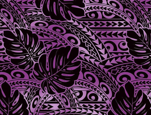 Polynesian Tribal Tattoo Monstera Fabric – Purple & Black 100% Cotton Fabric, 44” Wide Island Print by the Yard