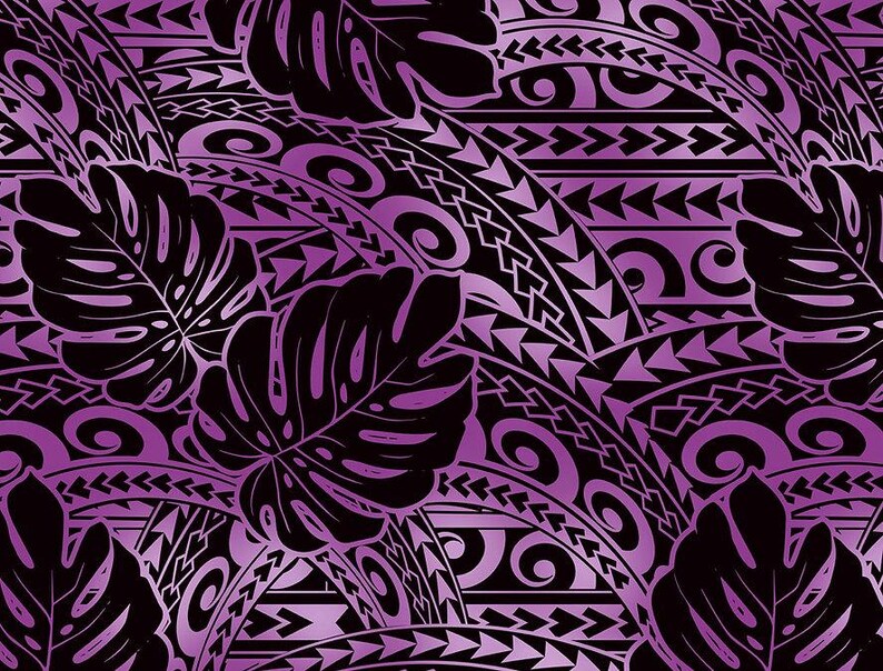 Polynesian Tribal Tattoo Monstera Fabric – Purple & Black 100% Cotton Fabric, 44” Wide Island Print by the Yard