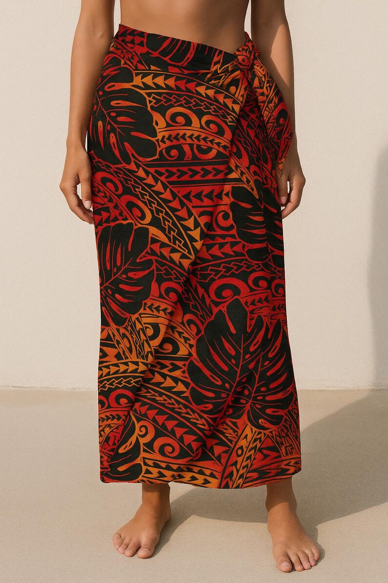 Polynesian Tribal Tattoo Monstera Fabric – Red & Black 100% Cotton Fabric, 44” Wide Island Print by the Yard