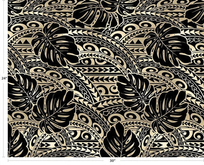 Polynesian Tribal Tattoo Monstera Fabric – Champagne Brown & Black 100% Cotton Fabric, 44” Wide Island Print by the Yard