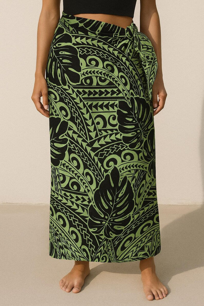 Polynesian Tribal Tattoo Monstera Fabric – Sage Green & Black 100% Cotton Fabric, 44” Wide Island Print by the Yard