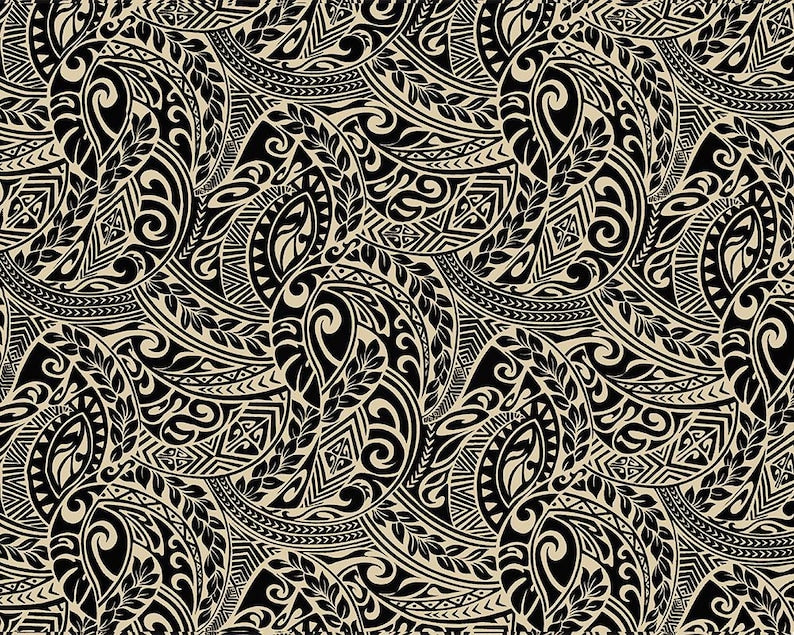 Polynesian Tribal Tapa Tattoo Fabric – Black & Cream Poly Cotton Blend Fabric, 44” Wide Island Print by the Yard