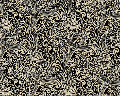 Polynesian Tribal Tapa Tattoo Fabric – Black & Cream Poly Cotton Blend Fabric, 44” Wide Island Print by the Yard