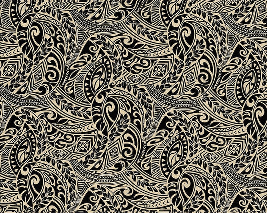 Polynesian Tribal Tapa Tattoo Fabric – Black & Cream Poly Cotton Blend Fabric, 44” Wide Island Print by the Yard