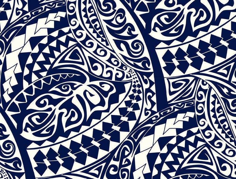 Polynesian Tribal Fabric – White and Navy Blue 100% Cotton, 44” Wide Island Print by the Yard