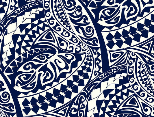 Polynesian Tribal Fabric – White and Navy Blue 100% Cotton, 44” Wide Island Print by the Yard