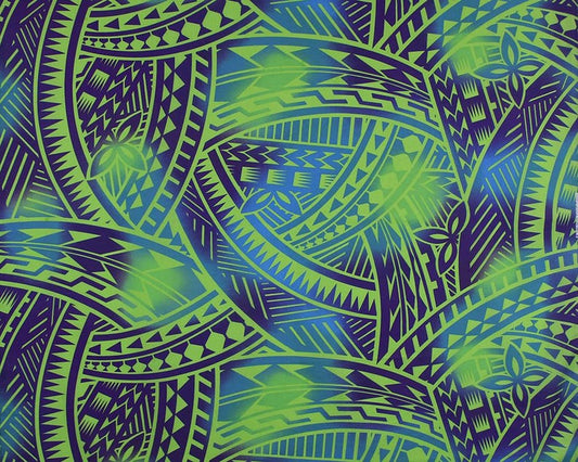 New Style Polynesian Tribal Tapa Tattoo Fabric – Green & Blue Poly Cotton Blend Fabric, 44” Wide Island Print by the Yard