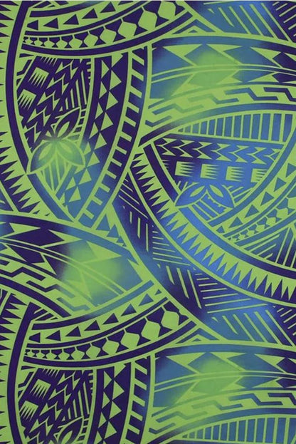 New Style Polynesian Tribal Tapa Tattoo Fabric – Green & Blue Poly Cotton Blend Fabric, 44” Wide Island Print by the Yard