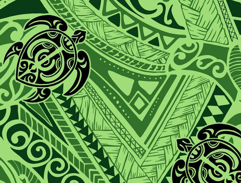 Polynesian Tribal Turtle Fabric – Green Poly Cotton Blend Fabric, 44” Wide Island Print by the Yard