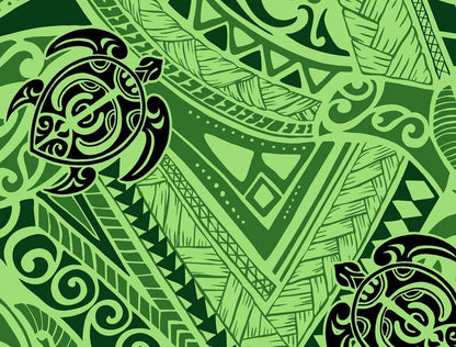 Polynesian Tribal Turtle Fabric – Green Poly Cotton Blend Fabric, 44” Wide Island Print by the Yard