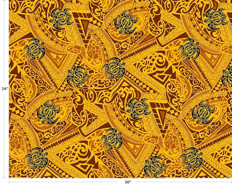 Polynesian Tribal Turtle Fabric – Yellow Poly Cotton Blend Fabric, 44” Wide Island Print by the Yard