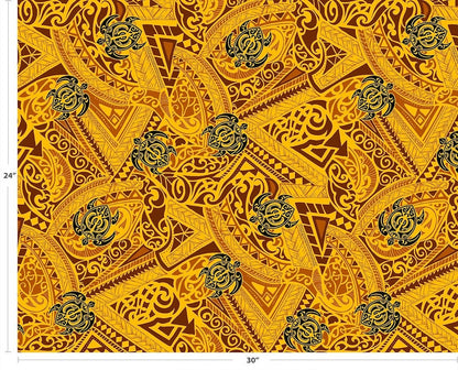 Polynesian Tribal Turtle Fabric – Yellow Poly Cotton Blend Fabric, 44” Wide Island Print by the Yard
