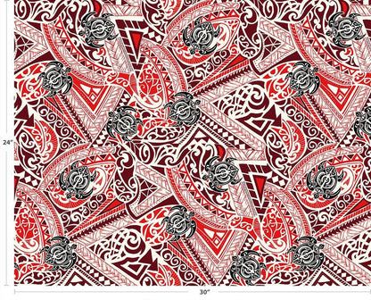 Polynesian Tribal Turtle Fabric – Red & White Poly Cotton Blend Fabric, 44” Wide Island Print by the Yard