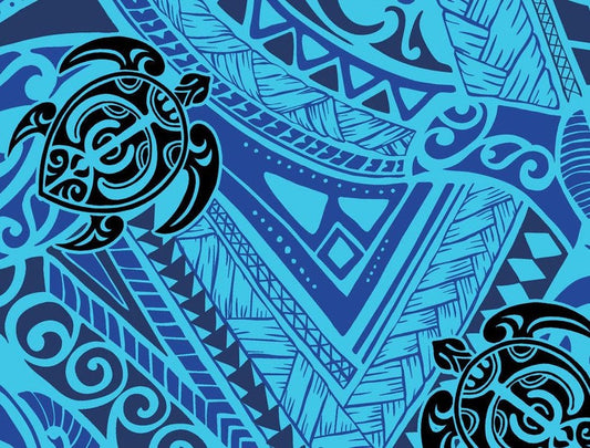 Polynesian Tribal Turtle Fabric – Blue & Black Poly Cotton Blend Fabric, 44” Wide Island Print by the Yard