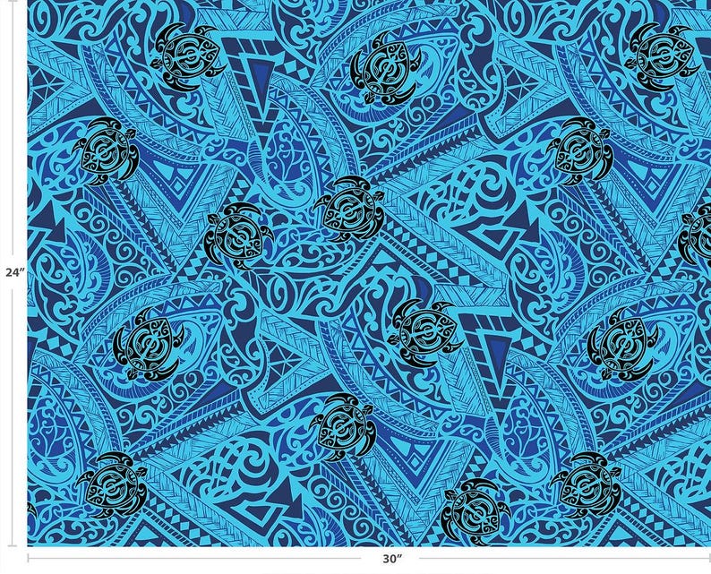 Polynesian Tribal Turtle Fabric – Blue & Black Poly Cotton Blend Fabric, 44” Wide Island Print by the Yard