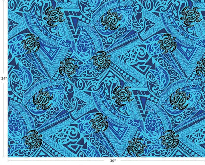 Polynesian Tribal Turtle Fabric – Blue & Black Poly Cotton Blend Fabric, 44” Wide Island Print by the Yard