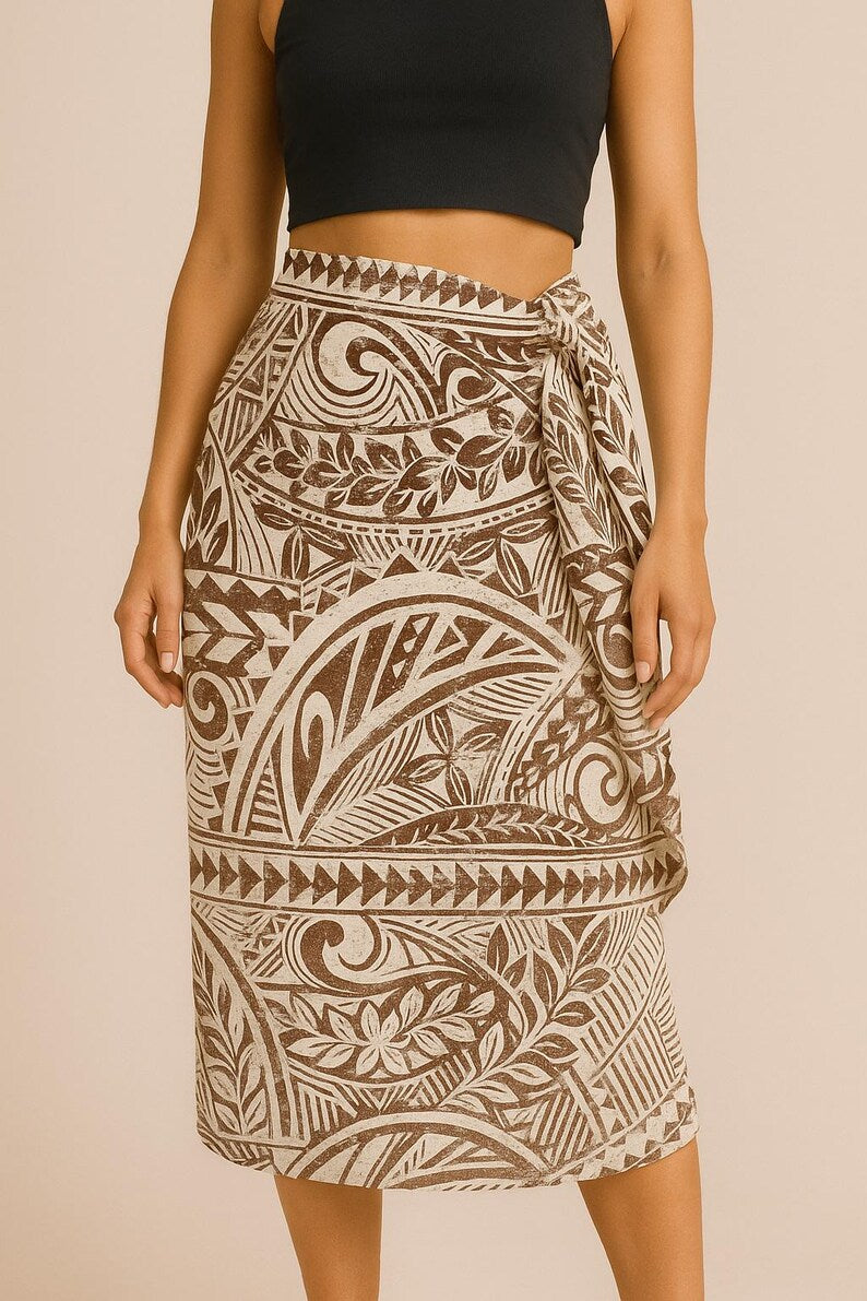 Polynesian Tribal Fabric – Beige & Brown Poly Cotton Blend Fabric, 44” Wide Island Print by the Yard