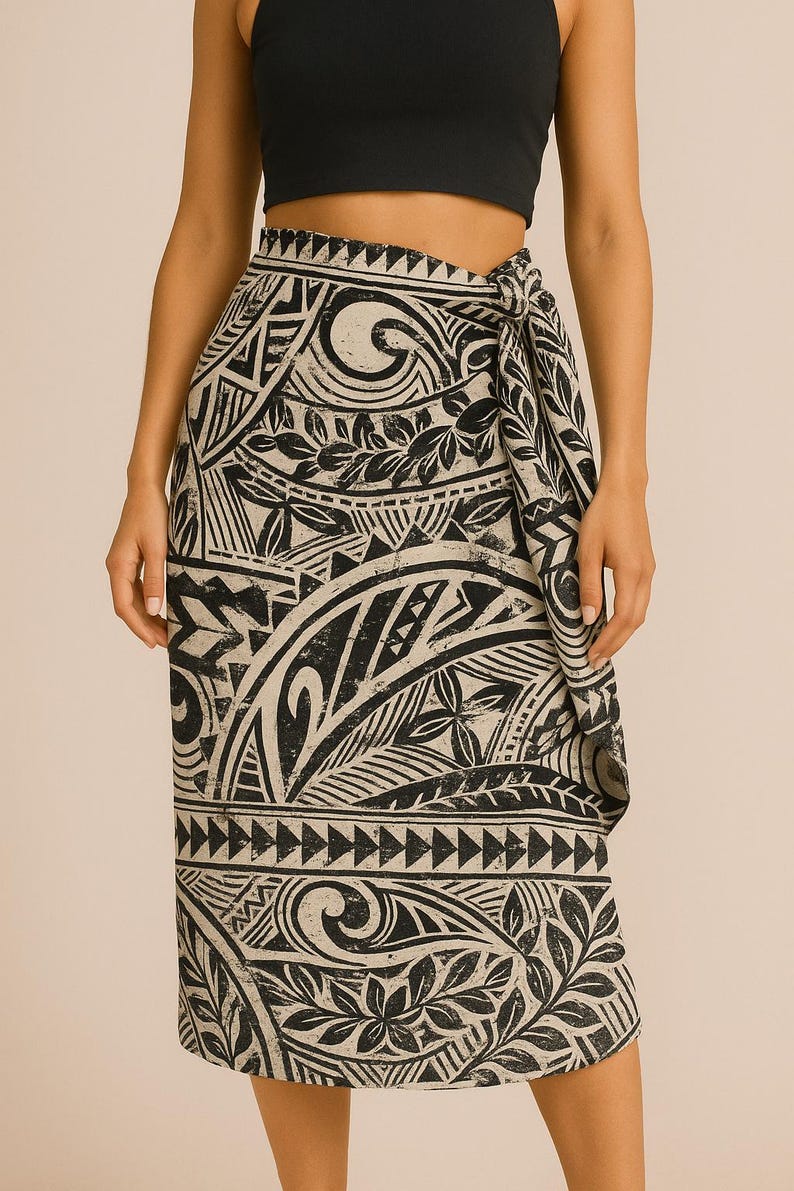 Polynesian Tribal Fabric – Beige & Black Poly Cotton Blend Fabric, 44” Wide Island Print by the Yard