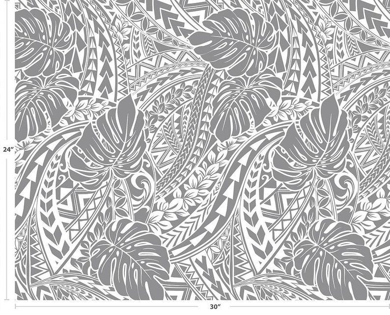 Polynesian Tribal Monstera Fabric – White & Grey Poly Cotton Blend Fabric, 44” Wide Island Print by the Yard
